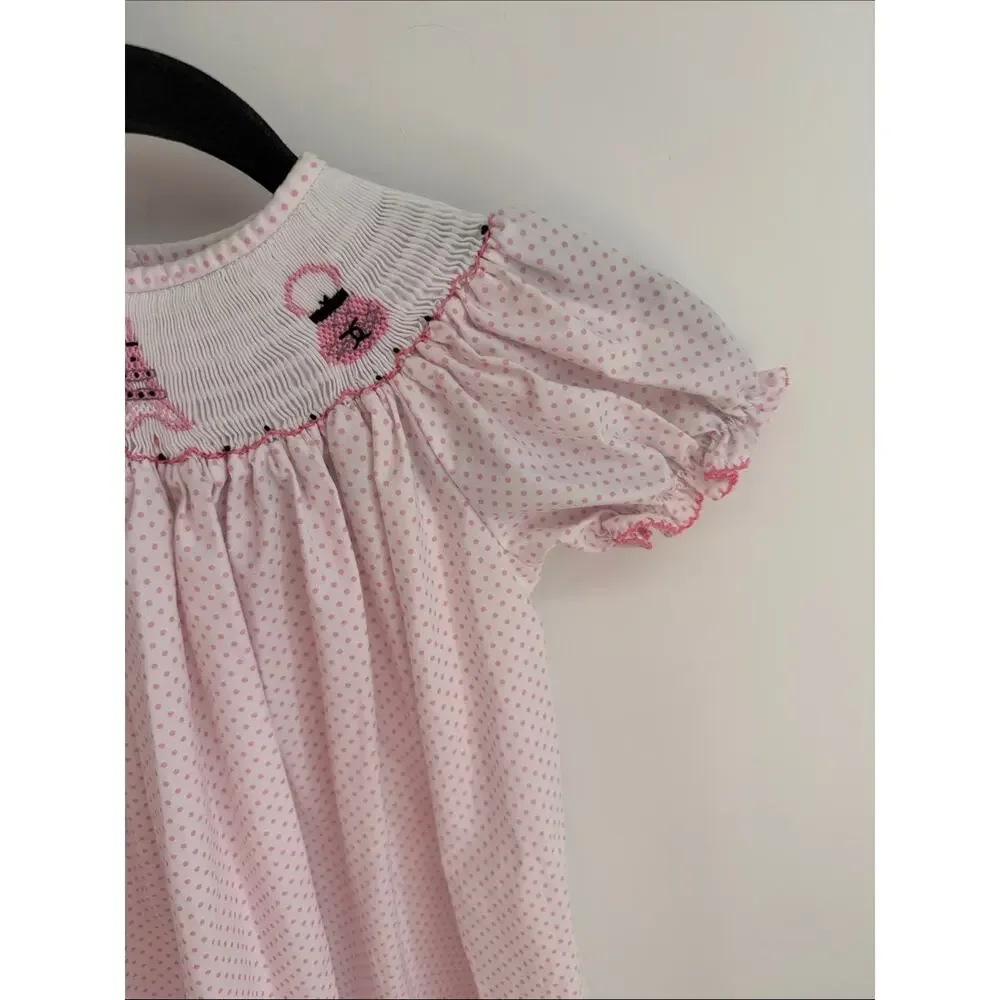 Classic Whimsy Parisian Eiffel Tower poodle embroidered smocked polka dot dress